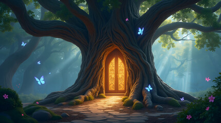 Enchanted Forest Gateway: The Mystical Tree Portal with Glowing Door and Magical Butterflies