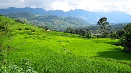 Obraz premium Lush Green Rice Terraces Under a Bright Sky with Mountains in the Background