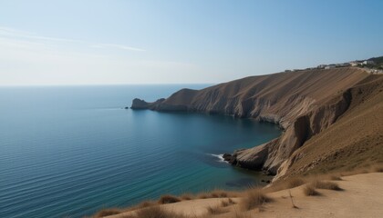  Majestic cliffside view overlooking the ocean with clear blue skies and distant mountains
