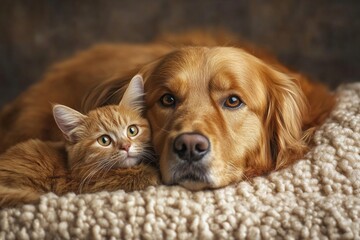 Golden retriever and tabby cat cuddling on soft blanket in cozy setting