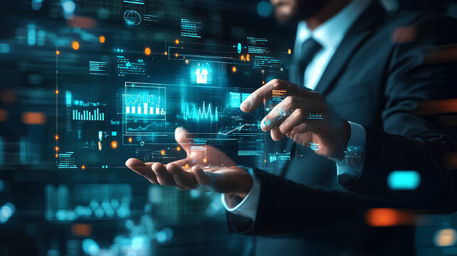 Businessman plan strategy marketing and finance to goal in planning business growth with technology AI and environmental care to New Year resolutions business. digital transformation