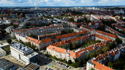 Drone view of European modern city Wroclaw Poland