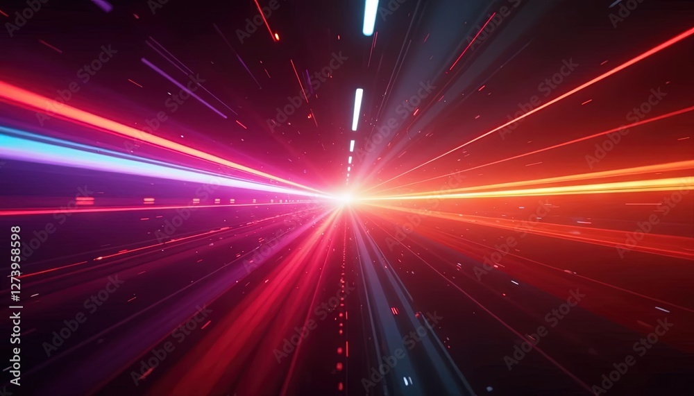 Poster Futuristic light beams and glowing trails in motion creating a tunnel effect with speed lines