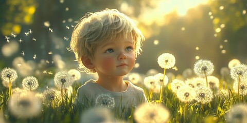 Child enjoying a sunny day surrounded by dandelions in a meadow filled with light and nature's beauty