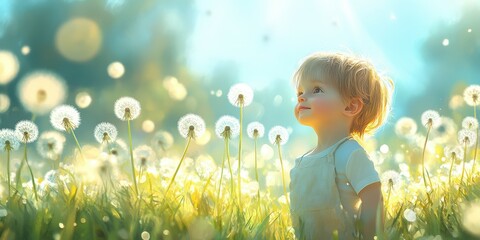 Child in a sunlit field full of dandelions enjoying nature in spring