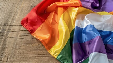 Vibrant and Colorful Rainbow Flag Draped on Rustic Wooden Surface Celebrating Diversity and Inclusivity