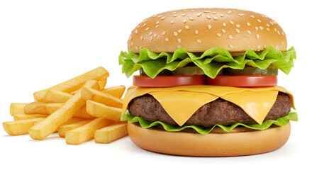 cheeseburger with french fries on white background 