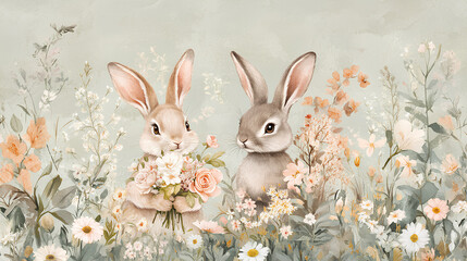 Obraz premium Charming of cute rabbits or hares holding delicate floral bouquets in a lush natural springtime setting with flowers greenery and a soft dreamy aesthetic 