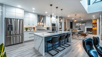 Fototapeta premium A modern luxury kitchen and living room interior with stylish furniture and decor, featuring white cabinets, marble countertops, and a cozy fireplace area.