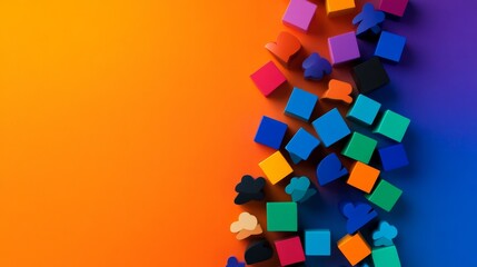 Fototapeta premium Colorful geometric shapes scattered on a vibrant gradient background, ideal for creative projects