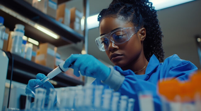 Medical bio laboratory, Research, Science test technology. Pharmaceutical lab specialist examines medicine vials, hospital patient samples. Medical student conducts research. Realistic style photo