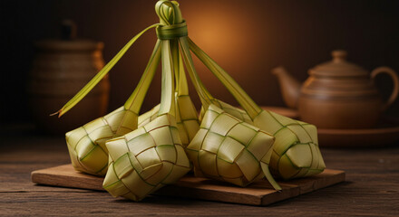 Ketupat on Wooden Board Delicious Traditional Asian Food Preparation