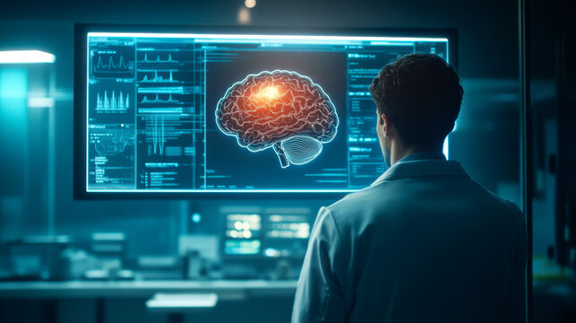 A scientist observes a glowing brain scan on a screen in a high-tech laboratory, showcasing advanced research in neuroscience.