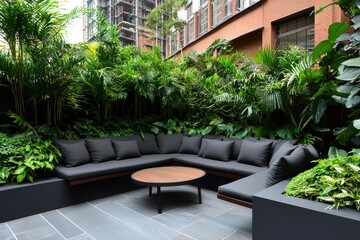 Fototapeta premium Serene Urban Oasis with Lush Greenery and Modern Outdoor Seating for Relaxation and Tranquility in a Contemporary Setting
