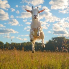 Obraz premium a young goat in motion, jumping and hopping through a beautiful countryside field, its playful energy infusing the landscape with joy and life
