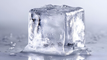 Close-up image of a single ice cube isolated on a white background. showcasing its clarity and texture, perfect for cooling beverages