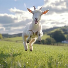 Obraz premium a young goat in motion, jumping and hopping through a beautiful countryside field, its playful energy infusing the landscape with joy and life