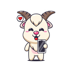 goat mascot cartoon character vector illustration with mobile phone