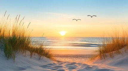 Tranquil beach at sunset with gentle waves.