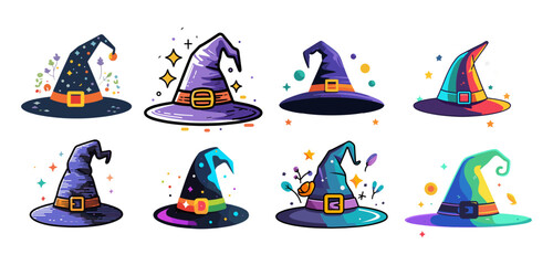 Sets icon collection of colorful and uniquely designed witch hats, each with different patterns, decorations, and colors, making it visually appealing and relevant for themes related to Halloween