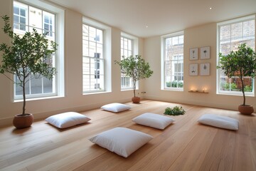Fototapeta premium Serene Meditation Room with Natural Light and Wooden Floor Featuring Cushions and Potted Trees for Relaxation and Mindfulness Practice in a Minimalist Style