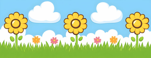 Sunny flowers in grass, blue sky. Kids' decor