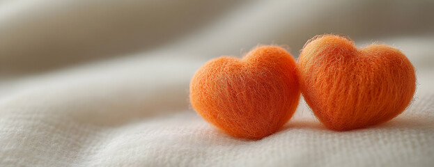 Two orange felt hearts on fabric (1)