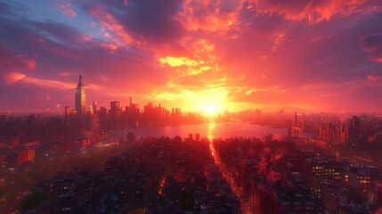 Naklejka premium A rooftop view of a vast city with skyscrapers, a sunset casting an orange glow, and a bright blue sky stretching over the urban skyline.