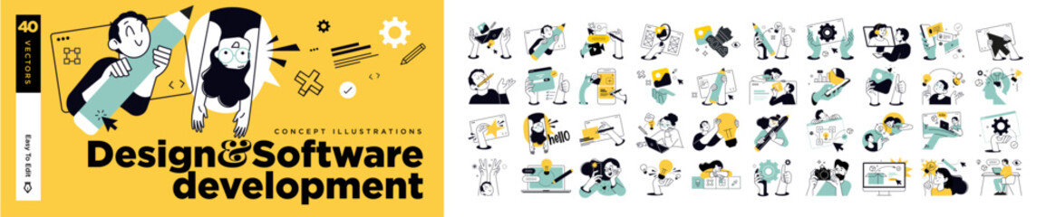 Design and software development illustrations. Concepts of website and app design and development, seo, social media, content management, creative design and innovation.