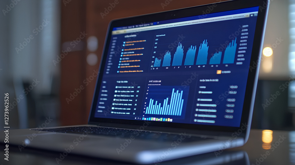 Poster dashboard finance management on laptop computer analyzing sales data and growth graph chart report. 