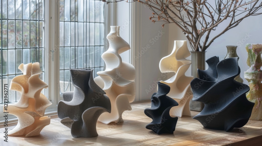 Poster Five sculptural vases in various shapes and colors are arranged on a light wooden table. Natural light floods in from the large window, highlighting their unique forms and details.