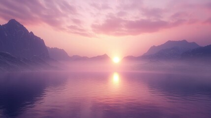 Fototapeta premium Serene Sunrise Over Mountains and Calm Lake in Dreamy Pastel Hues