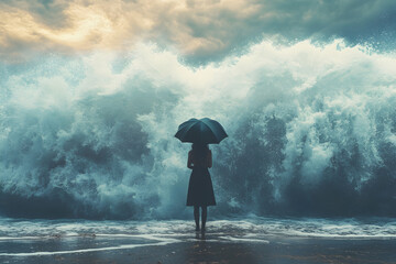 Young woman stands with umbrella in front of approaching storm
