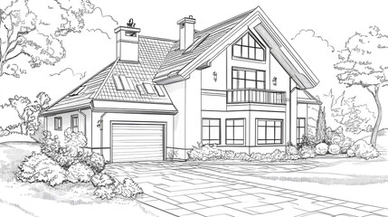 Detailed house home building design in coloring book format with page drawing elements. Outline sketch creating doodle 