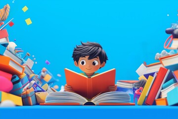 3D illustration of cute Asian kid reading a book 