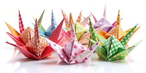 Colorful Origami Cranes on White Background