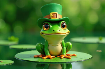 Adorable frog with green hat and big eyes on pond background. Great for seasonal campaigns, children’s books, and playful branding.