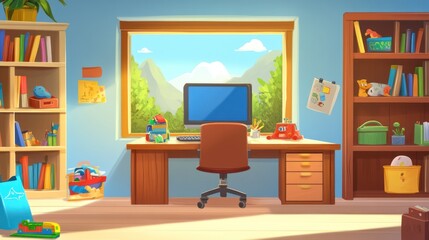 Child's room desk, mountain view, toys, books, learning