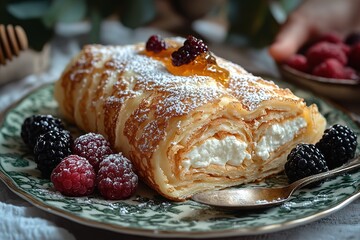 Delicious rolled crepe filled with cream garnished with berries jam and powdered sugar Perfect for a sweet treat on any occasion!
