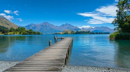 Obraz premium Serene Lakeside Jetty Surrounded by Lush Mountains and Clear Skies