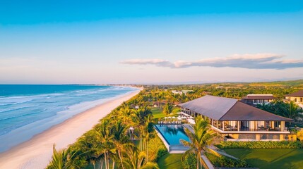 Obraz premium Aerial view of a serene beachside resort with lush palm trees and a tranquil ocean backdrop
