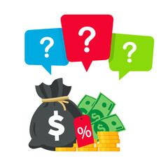 Money Bag with question mark and percent sign. Vector for questions and answers about finance, loan and tax.