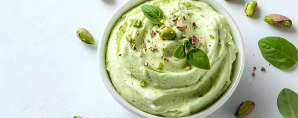 Obraz premium Pistachio dessert, basil garnish, white background