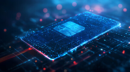 Digital wireframe credit card, futuristic bank payment technology, financial polygon transaction design, electronic money hologram 