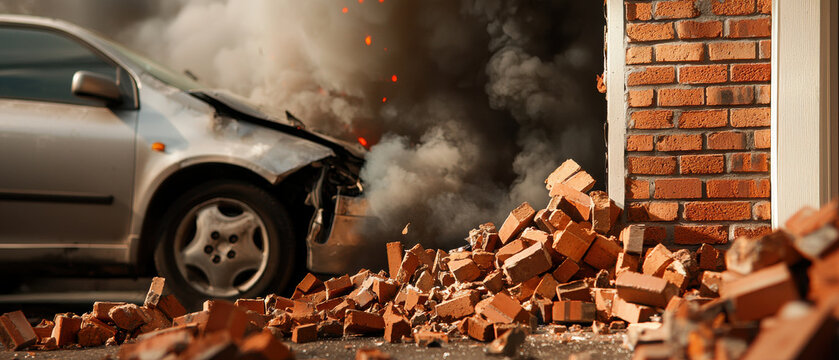 Car crashed into front wall of house, causing debris and smoke, house and car insurance concepts.