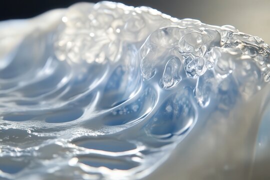 A macro shot of silicone material entering a precision mold, showing the texture and transparency of the liquid under detailed lighting