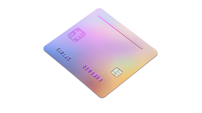 Crisp 3D credit card with embossed numbers and holographic security strip, floating slightly, premium banking concept, isolated on white PNG 