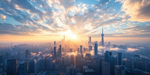 Fototapeta premium A sprawling futuristic metropolis, towering skyscrapers pierce the cloud-filled azure sky as sunlight bathes the skyline in golden hues