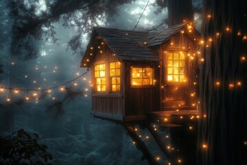a cozy treehouse retreat perched high in ancient redwoods, warm golden light glowing from windows, surrounded by misty evening fog and twinkling fairy lights