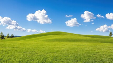 Obraz premium Vast blue sky with fluffy clouds over rolling green hills under bright sunlight